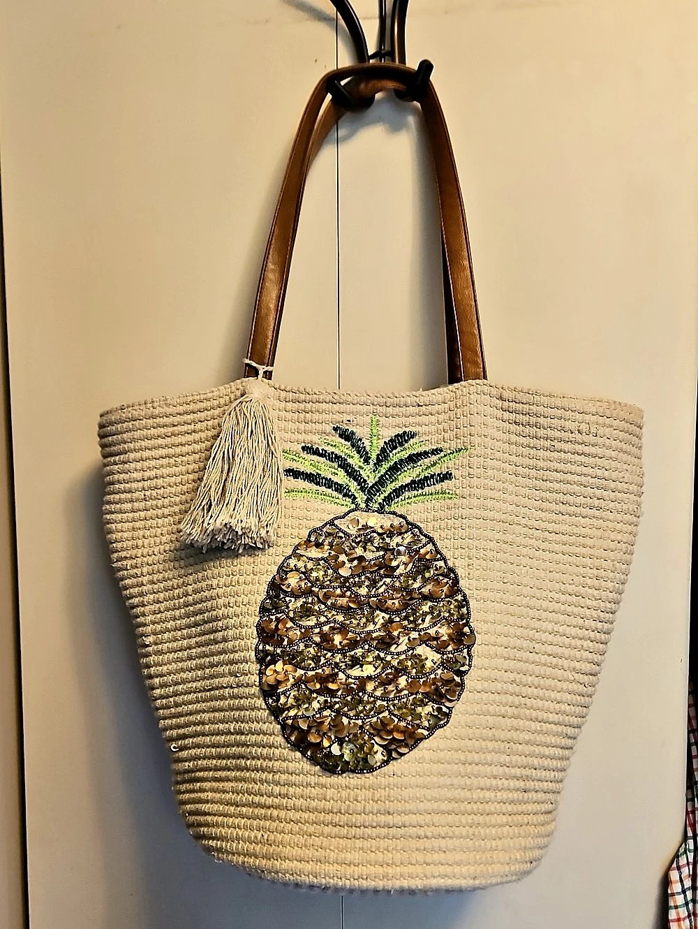Cream Cotton Woven Tan Faux Leather Strap Pineapple Sequin Tote
